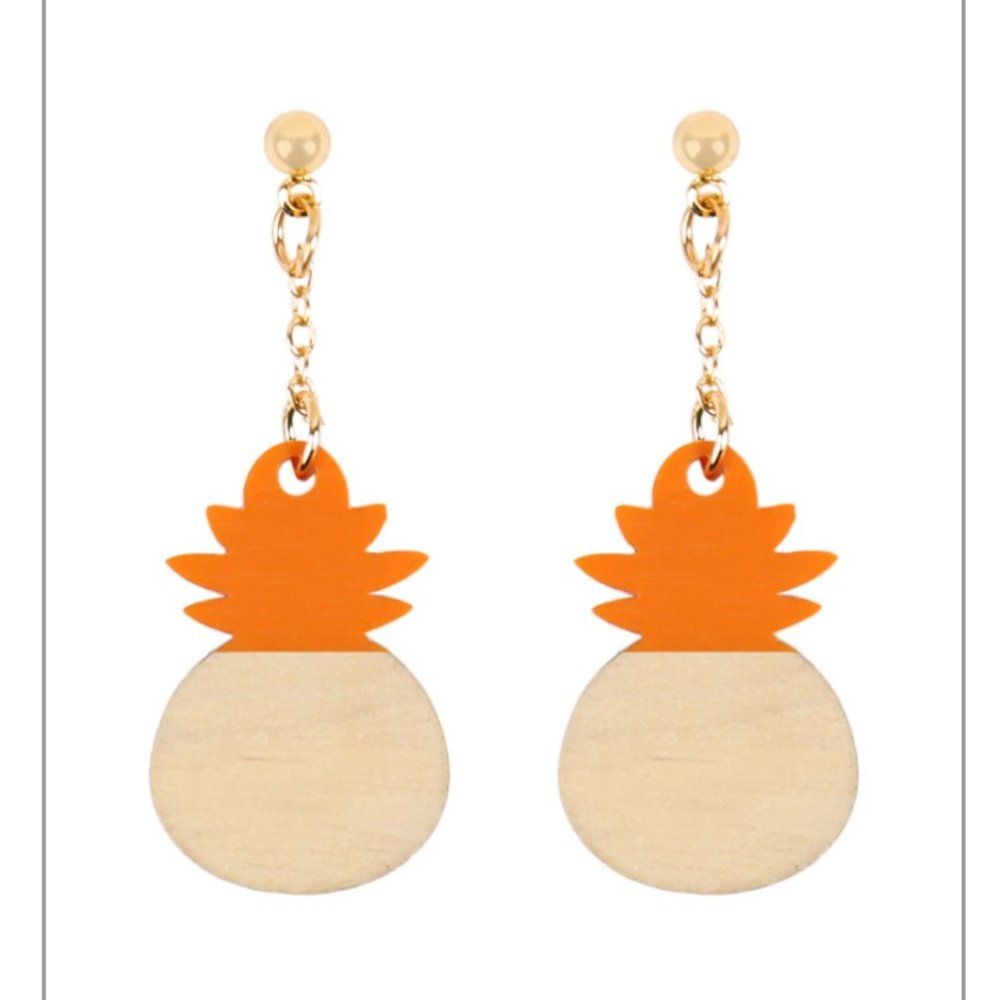 NEW!  Cute Coral Colored Pineapple Wood Dangle Pierced Earrings